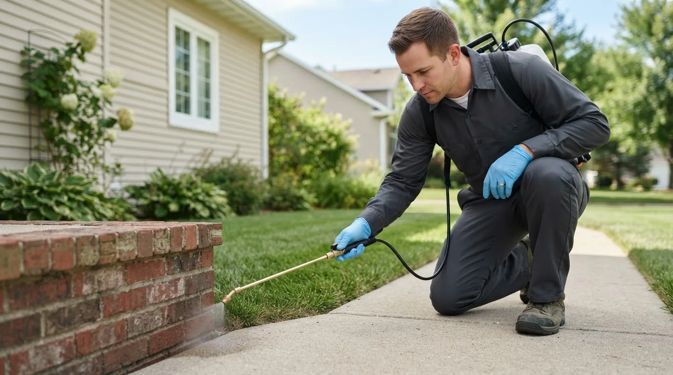 Pest control technician treating a home near Northwood, NH